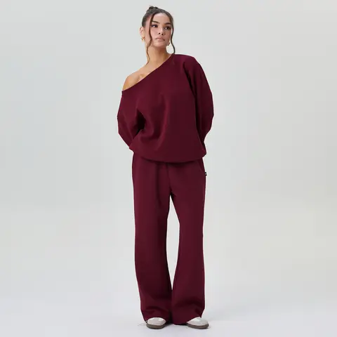 USBOUTIQUE CHIC Women's Leisure Solid Color Sloping Shoulder Long Sleeve Top & Wide Leg Trousers Co-ord, Cozy Scoop Neck Loose Two Piece Outfits, Basic Womenswear