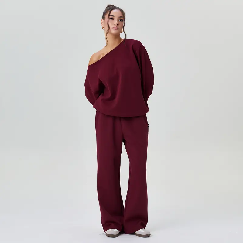 USBOUTIQUE CHIC Women's Leisure Solid Color Sloping Shoulder Long Sleeve Top & Wide Leg Trousers Co-ord, Cozy Scoop Neck Loose Two Piece Outfits, Basic Womenswear