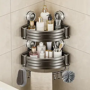 Corner Shower,Suction Cup Shower Wall Shelf,No Rust Aluminum Organizer with,Floating Rack for Inside (Suction Cup Corner Shower,2 Tier,Gray)