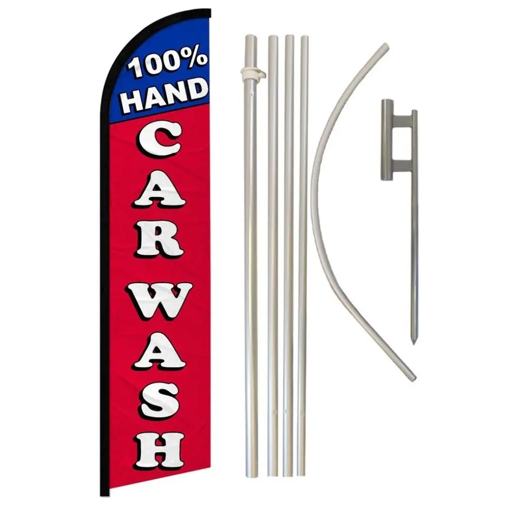 11.5x2.5ft Hand Car Wash Polyester Fabric Windproof Advertising Banner Flag, Curved Sleeve, Complete Steel-Aluminum Pole Kit, Home & Festive Supplies Backdrop