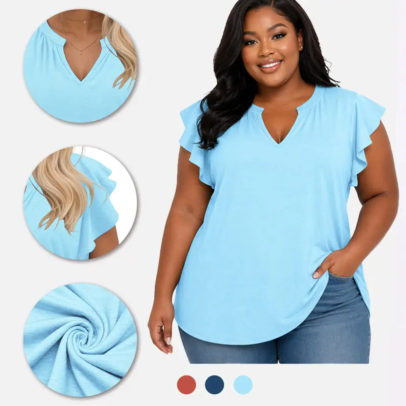 VOGARCE Women's Plus-Size Notched V-Neck Short-Sleeve Blouse - Elegant, Breathable, Feminine Casual Wear Summer Tunic Tee VPS0153, Shortsleeve, Lady, Basic, Ruffled, Lightweight, Loose