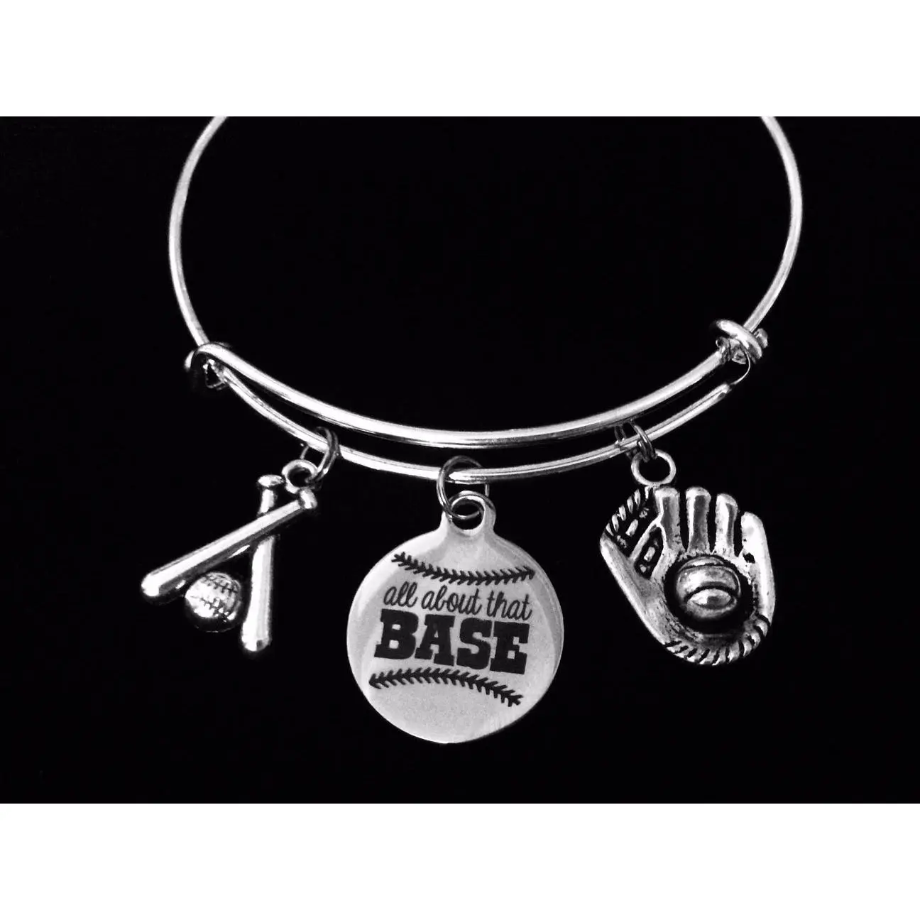 Baseball Charm Bracelet It's All About That Base Silver Expandable Adjustable Bangle Trendy One Size Fits All Gift Baseball Bat