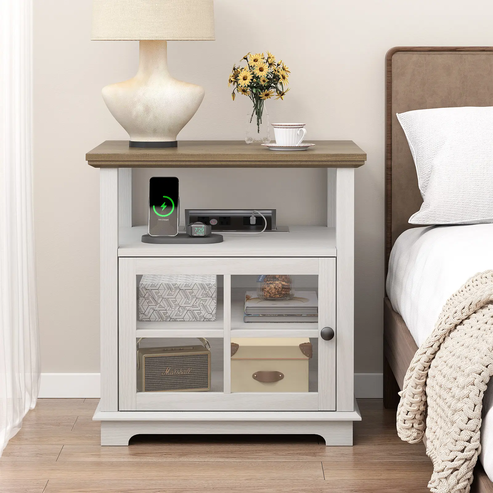 24''Tall  Nightstand with Charging Station, Night stands set of 2 with Adjustable Shelf, Storage Side Table,21" Large End Table for Bedroom, Living Room