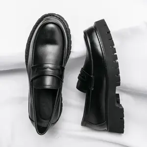 New Men's Leather Casual Shoes Platform Chunky Slip-On Penny Loafers Classic Round Toe Lug Sole Business Casual Formal Work Shoes for Men Dailly Wear Boy Footwear