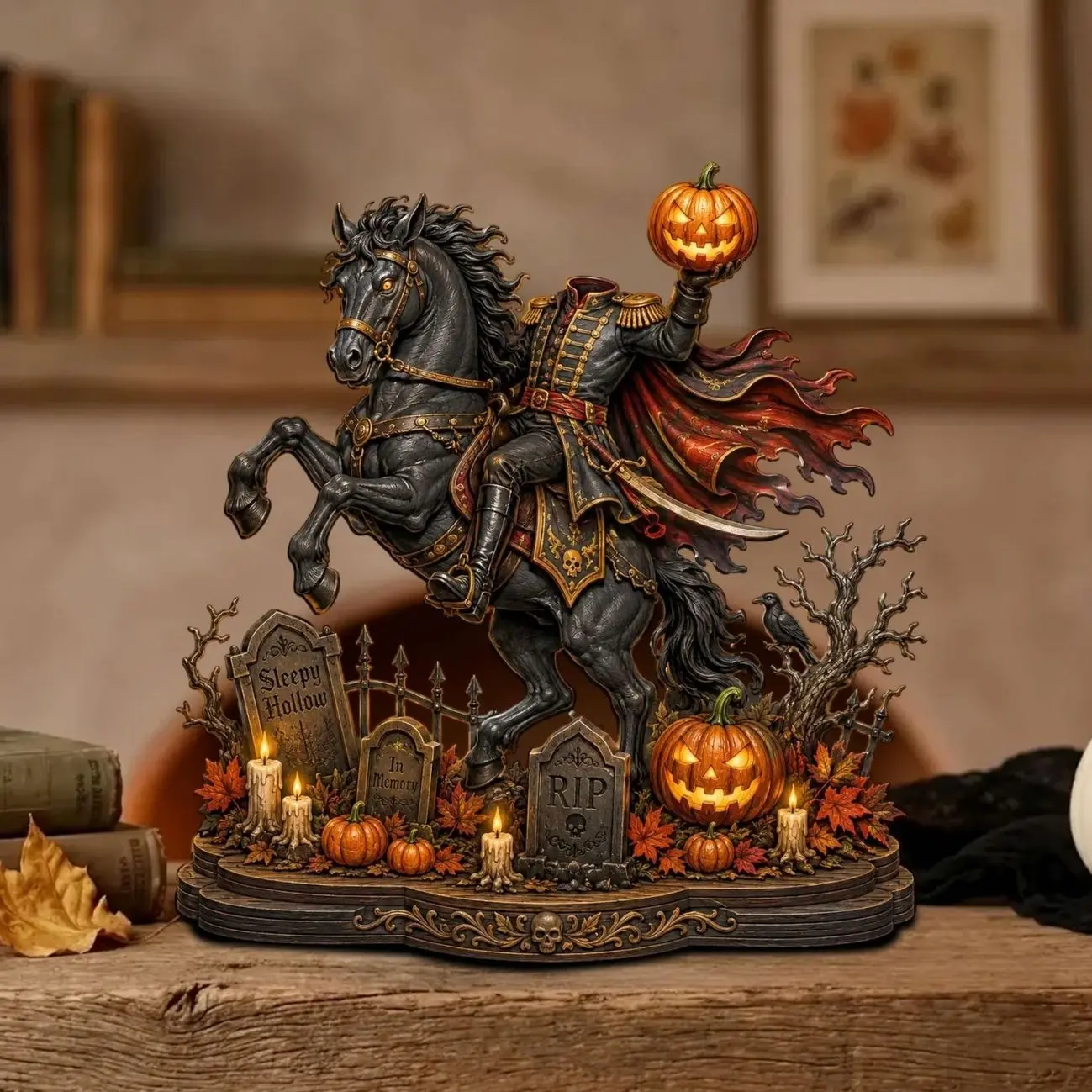 Headless Horseman Halloween Wooden Block, Spooky Gothic Decor, Haunted Cemetery Shelf Sitter, Fall Mantel Decor, Horror Gift