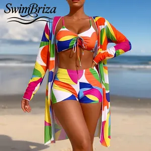 Briza｜Women's Retro High Waisted Color Block Bikini Tankini Swimsuit with Shorts Long Sleeve Swim Cover Up Two Piece Bathing Suit Modest Beachwear for Summer Pool Vacation, Women's Swimwear, Bathing Suit for Women, Bikini Set, Rash Guard Swim Shirt