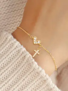 Women's Zircon Cross Colorful Heart Bracelet, Stainless Steel Chain, Fashion Jewelry for All Seasons, Casual Style
