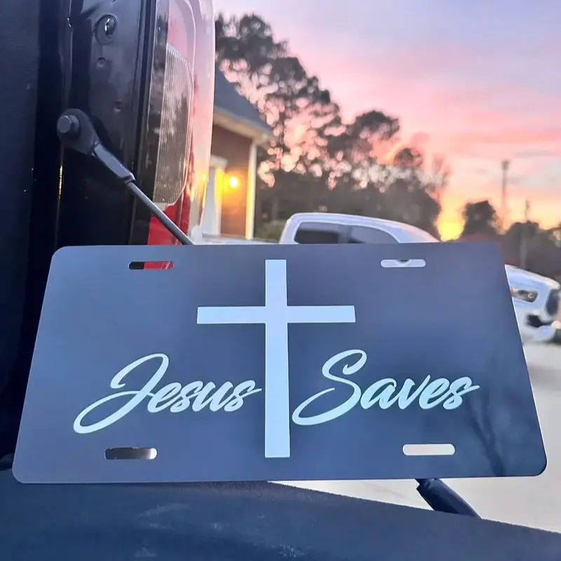 Jesus Saves Front License Plate - 12x6 Inches, Weather Resistant, Handmade in the USA, Humor Decal for Trucks & Cars, Easy Installation