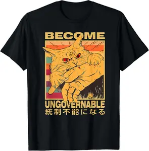 100% Cotton Become Ungovernable Funny Japanese Cat Bite Cat Humor Meme Men Women T-Shirt