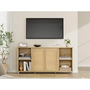 71" TV Stand, Boho TV Table with Rattan Doors, Television Media Console with Open Shelves, Mid-Century Entertainment Center, 15" D x 30" H, Wood Natural