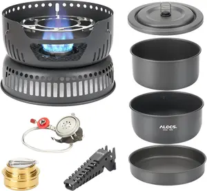 ALOCS Camping Cookware - 11 Piece Lightweight Camp Cooking Set with Portable Camping Stove & Gas Stove Burner - Durable Compact Camping Pot for Hiking Car Camping Vanlife RV