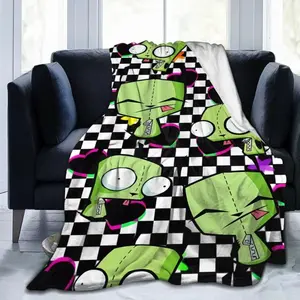 Quirky Green Bot Throw Blanket – Y2K Cartoon Style with Checkerboard & Neon Hearts – Soft Cozy Flannel for Bed, Couch, or Dorm Room Decor – Fun Gift for Boys Girls Teens, Anime Lovers, and Alt Aesthetic Fans