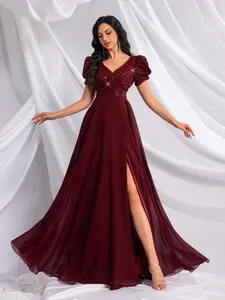Elegant Women's Burgundy V-Neck Slit-Sleeve Evening Gown for Birthday Parties, Galas, Cocktail Receptions, and Celebrations Formal Wear Womenswear