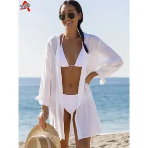 ApexSportGear Women Solid Color Monochrome Basic Beach Cover Ups with Pocket & Button Design, Casual Beachwear Swim Cover Up (Only Cover-up) swimsuit bikini set bathing suit