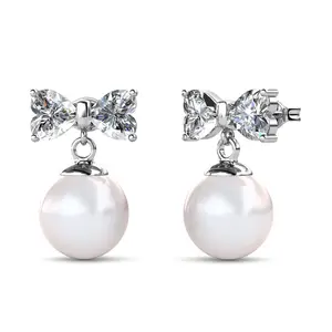 Oakley 18k White Gold Plated Silver Drop Pearl Earrings with Simulated Diamond Crystals