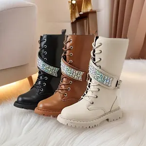 New Autumn And Winter Long Boots for Girls Knee-High Boots for Older Kids with Rhinestone Accents and Lace-Up Design