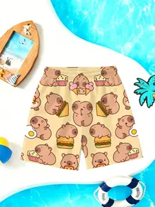 Cute Capybara Food Print Summer Shorts, Boys' Girls Quick-Dry Beach Pants, Breathable Loose Swim Trunks, Pool & Vacation