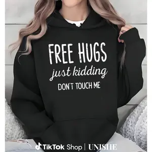 Long Sleeve Hoodie with Bold 100% Free Hugs Dont Touch Me Print, Fits Men & Women