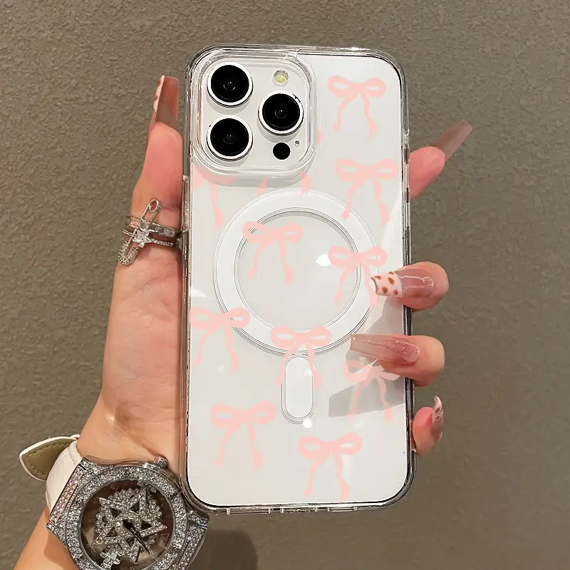 Magnetic Soft Case for iPhone11/12/13/14/15/16/promax, cute Pink bow pattern MagSafe Compatible,Springtok Aesthetic Pattern Design Lightweight,y2k cased,AntiScratch,and Trendy Protector Screen Protector Resistance Protection Cover Protective