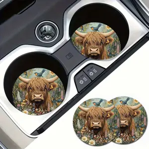 2pcs Highland Cow Car Coasters - Non-Slip Rubber Mug Holders with Floral & Bird Cartoon Design, Durable Vehicle Accessories, Car Interior Accessory for Christmas, Valentine's, Easter Gifts, Cow Car Accessories, Best for Christmas