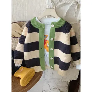 Autumn Winter New Kids Sweater Coat Casual Cardigan, Stylish Striped Fashion Baby Color Block Knitwear Design, Perfect for Spring & Fall Seasons