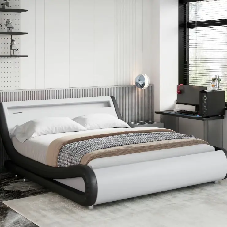 MUTICOR LED Lights Bed Frame with Faux Leather Sleigh Upholstered Low Platform Solid Wood Slats No Box Spring Needed ChristmasGifts WinterFashion board Headboard Bed