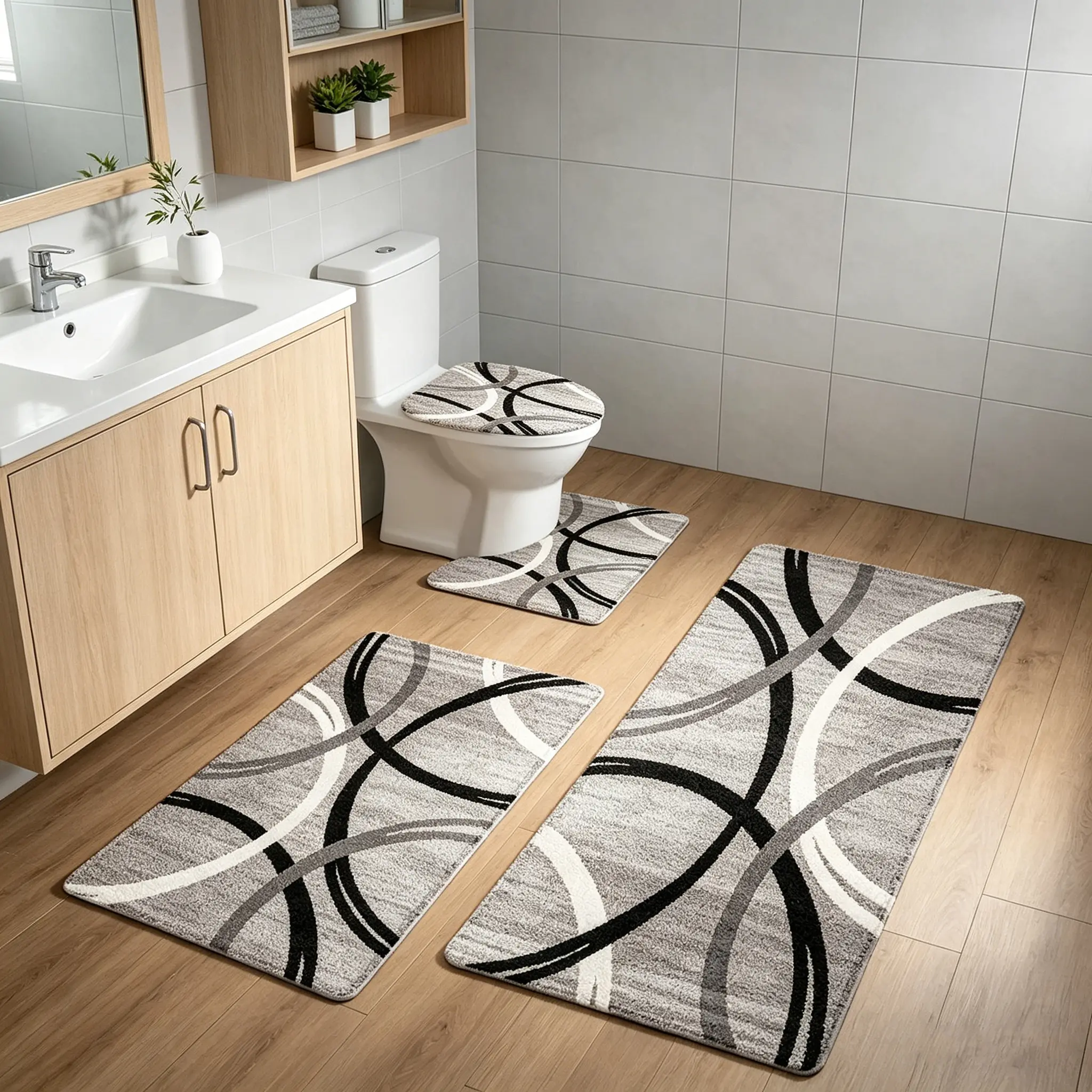 4pcs Curved Stripe Flannel Bathroom Rug Set - Grey, Black & White, Antidrift, Water-Absorbent, Washable Textiles Including Rectangle Shower Mat, U-Shape Toilet Cover