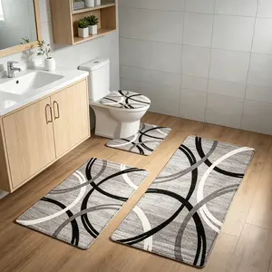 4pcs Grey & Black White Curved Stripe Flannel Bathroom Rug Set, Non-Slip Water Absorbent Bath Mats, U-Shape Toilet Cover, Washable Shower Floor Mat Set