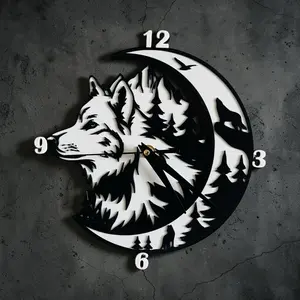 Wolf Clock with Crescent Moon Design and Forest Silhouette for Unique Wall Decor