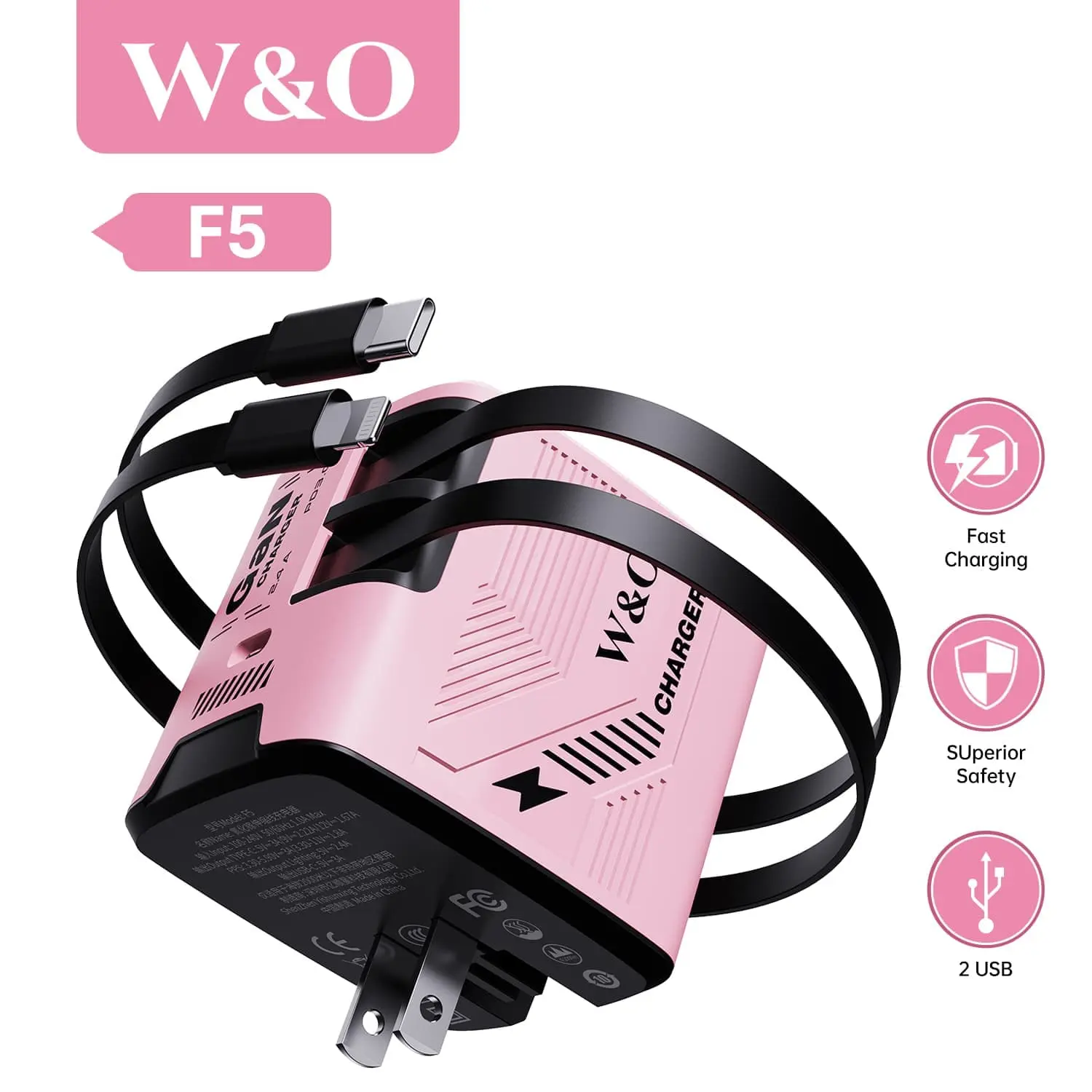 With 2 built-in 47-inch charging cables-Pink