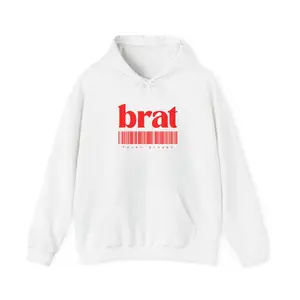 brat barcode Hoodie | bold red typography, streetwear graphic