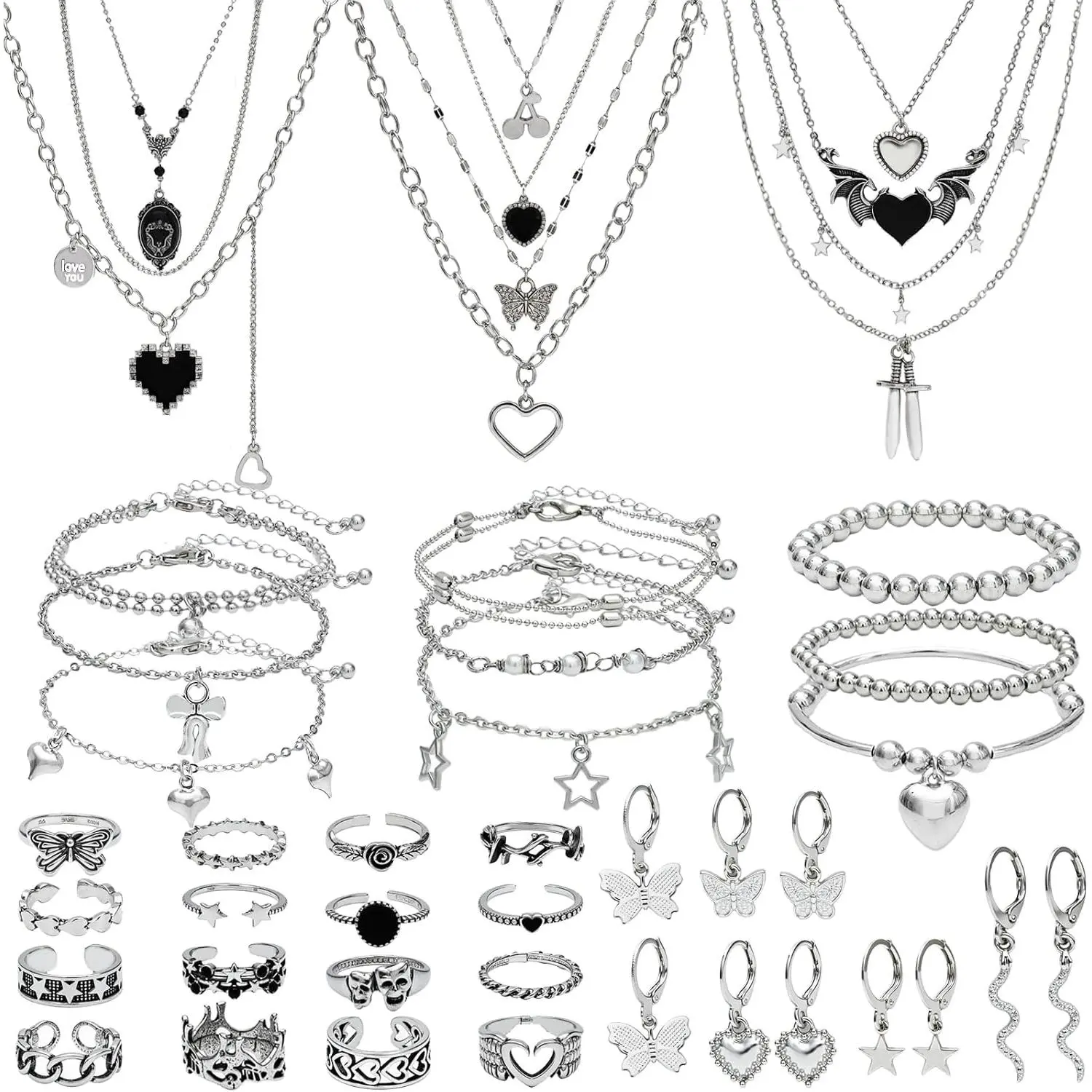 45 Pieces Silver Jewelry Set for Women Party Costume Punk Jewelry Set Goth Grunge Y2k Accessories Vintage Gothic Necklaces Bracelets Earrings Rings for Women Men