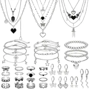 45 Pieces Silver Jewelry Set for Women Party Costume Punk Jewelry Set Goth Grunge Y2k Accessories Vintage Gothic Necklaces Bracelets Earrings Rings for Women Men