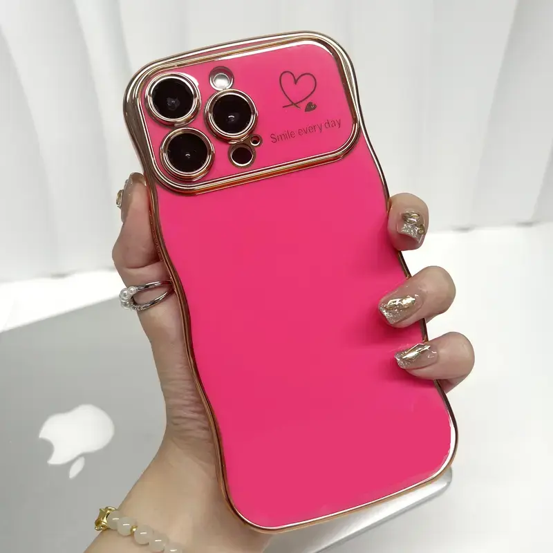 Luxury Plated Shockproof Wireless Case for iPhone 16/15/14/13/12 Pro Max - Wavy Cute Smile Design, Love Heart Raised Camera Protection, Durable Shiny Silicone Cover for Women’s Smartphone, Cellphone, Handheld Devices