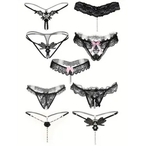 [Sexy Thong Design] 9pcs Women's Adjustable Sexy Thongs | Embroidered Hollow-Out Design, Pearl-Embellished Crotchless Panties - Black, Lace Trim, Comfort Fit for Intimate Wear
