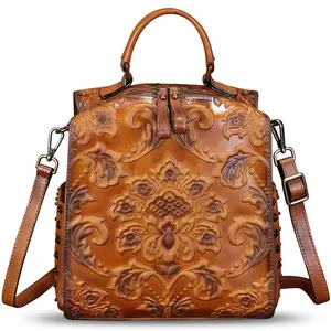 Genuine Leather Purses and Handbags for Women Embossed Leather Backpack Convertible Shoulder Bag Satchel Purse