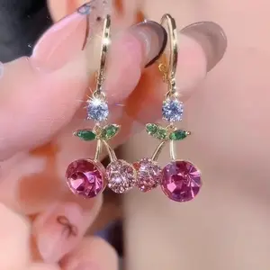 Cherry earrings for women, crystal pendant earrings, fashionable and versatile, ins-style niche design, cute stud earrings, accessory E50069-EH