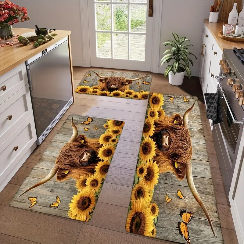 2/3pcs Spring Kitchen Mat Set, Highland Cow and Sunflower Design, Non-slip,, Machine Washable, Lightweight Polyester Flannel Area Mat, Suitable for Bedroom, Living Room, Dining Room, Kitchen