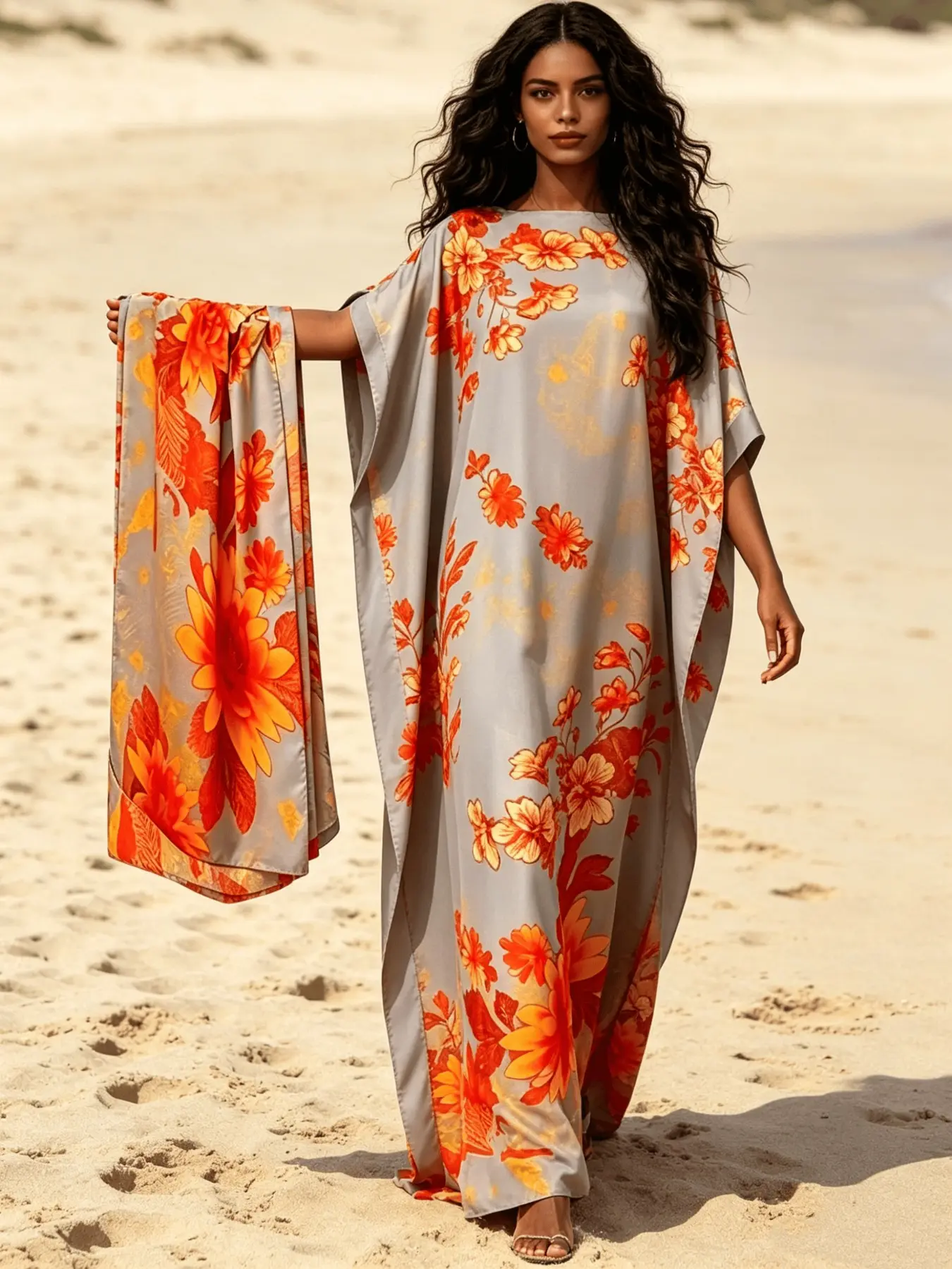 Light Grey Orange Floral Gold Rhinestone Embellished Boho Kaftan Dress for Women, Plus Size Muslim Abaya with Matching Headscarf, Loose Batwing Sleeve Maxi Caftan, Modest Beach Cover Up, Dubai Style Islamic Robe for Vacation, Eid & Party Loungewear