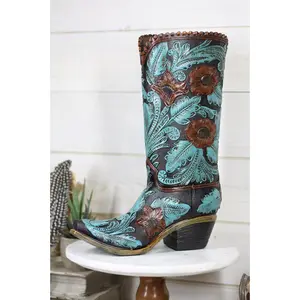 Turquoise Maroon Floral Scroll Lace Damask Cowboy Boot Vase Planter Figurine 12"