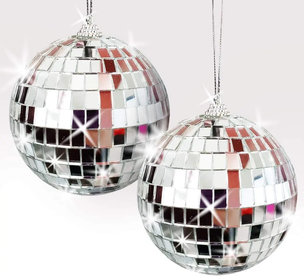 4" Mirror Disco Ball, Set of 2, Silver Disco Balls with Hanging String for Parties, Birthdays, & Weddings, 90’s Disco Party Decorations and Supplies, Ceiling Décor Disco Accessories