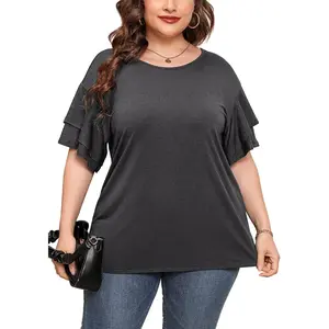 Plus Size Tunic for Women Double Ruffle Short Sleeve Clothes Loose Fit Clothing Flowy Shirts Summer Tops