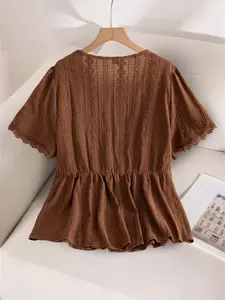 Women's Plus Size Vintage French Boho Blouse, Ditsy Floral Pattern, Short Sleeve, Casual Spring & Fall Fashion, Loose Fit