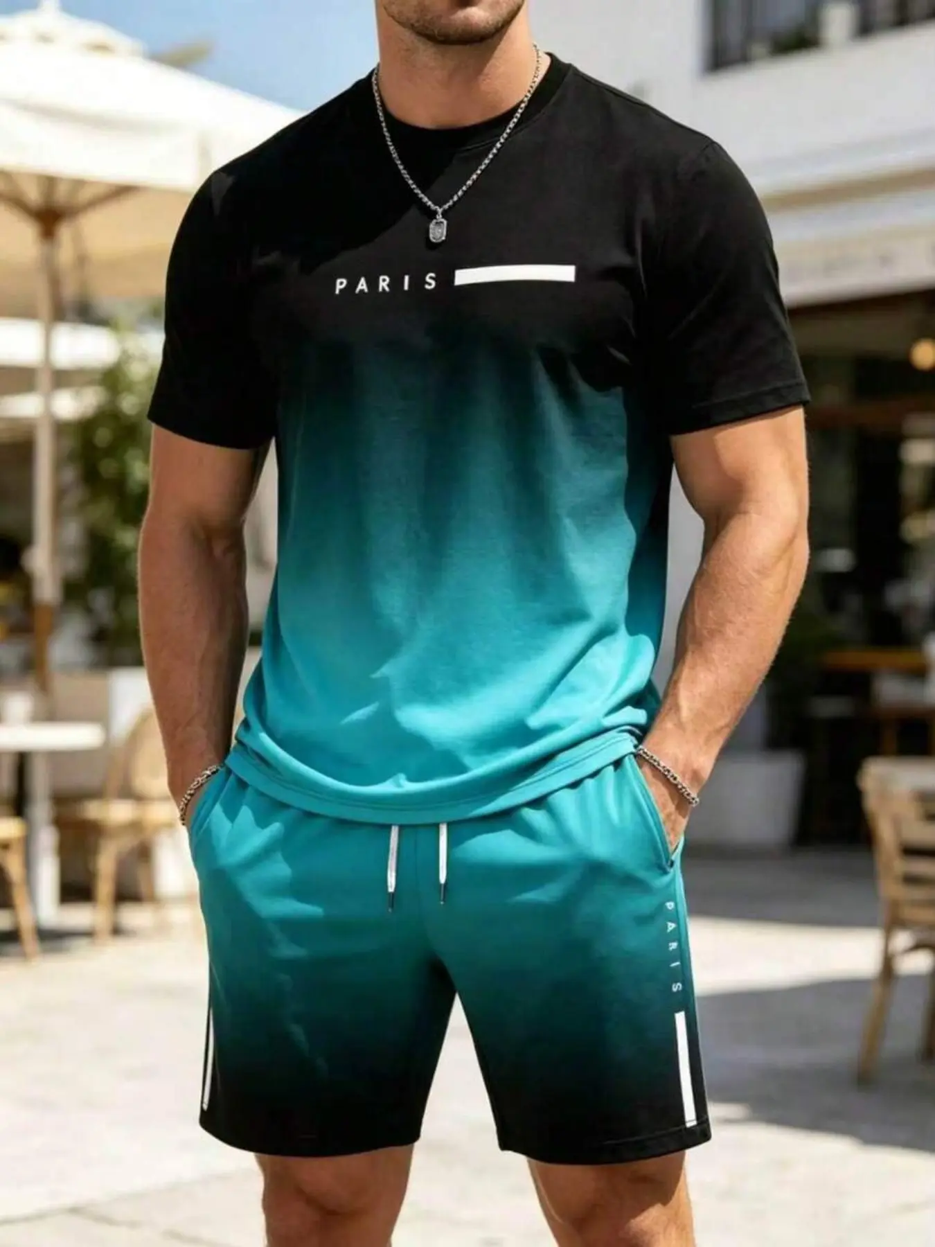 Men's Gradient Tropical T-Shirt and Shorts Set, Round Neck Short Sleeve Top with Drawstring Pockets, Casual Classic Fashion Menswear for Summer Outdoor Wear