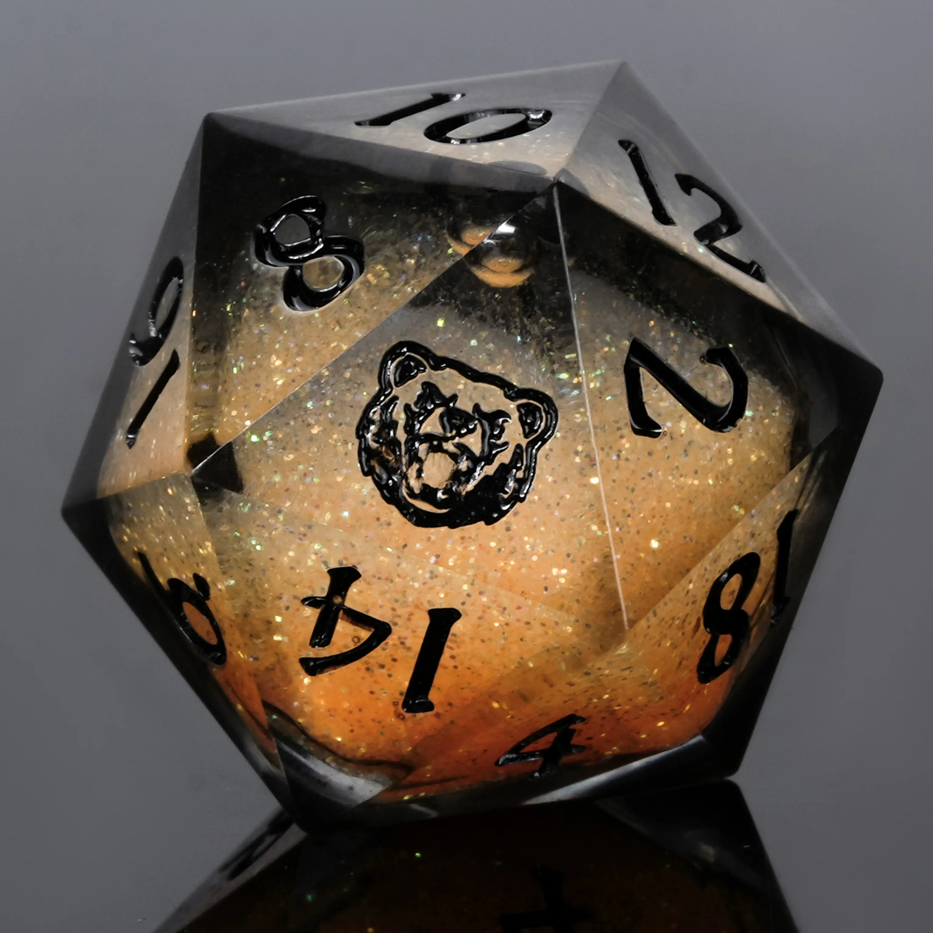 Blazing Bear Laser Engraved Icon Liquid Core Resin Dice Set Orange Flow Polyhedral DND Dice Durable High-Quality Resin Lava Gold Core 7-Piece Set for RPG Games