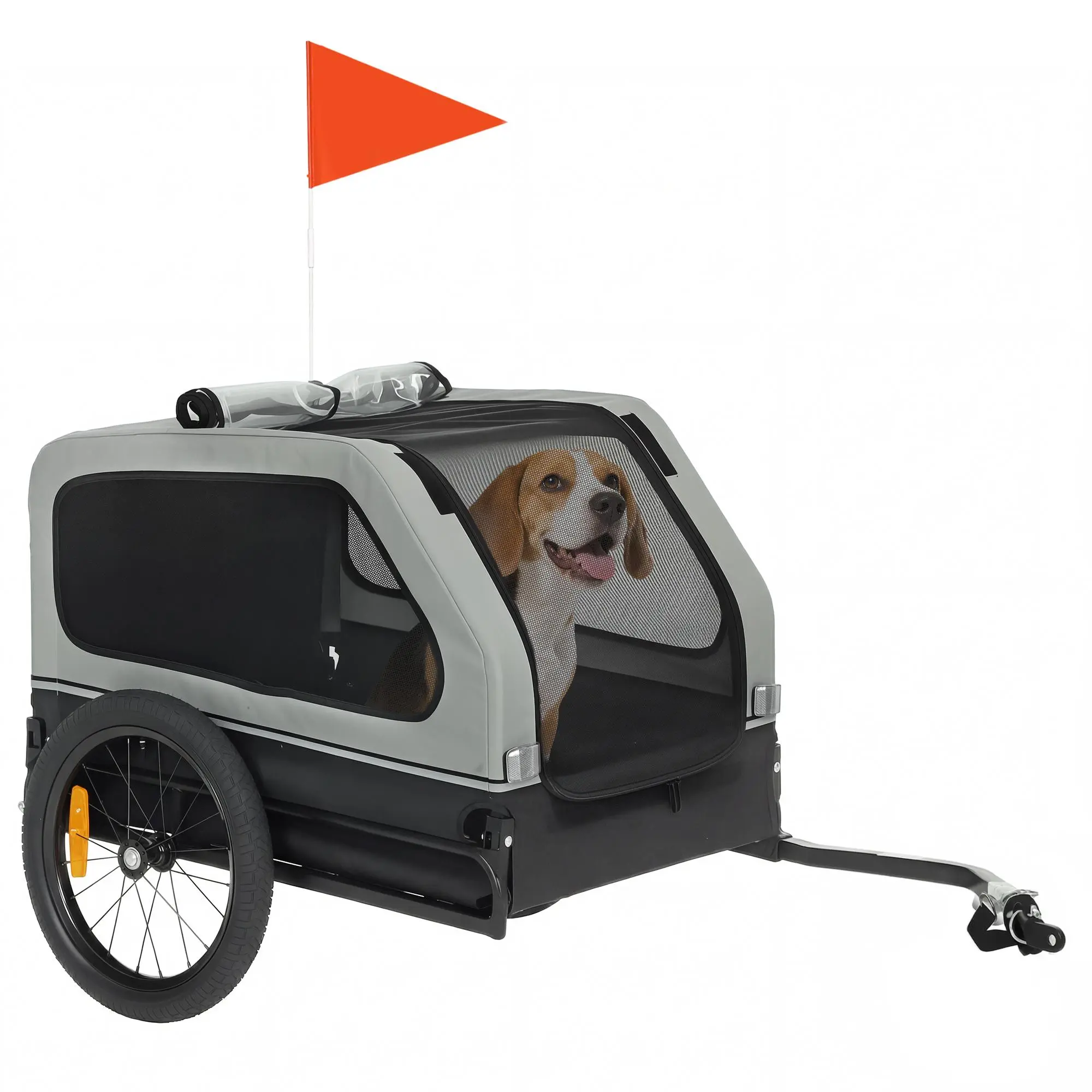 Dog Bike Trailer for Small & Medium Dogs – Universal Bicycle Coupler, Flip-Down Ramp Tailgate, 16" Air Tires, Reflective Strips, Flag, Adjustable Leash, 44 lbs Capacity, Gray