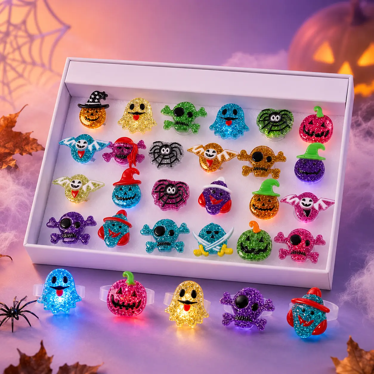 24PCS Halloween LED Light Up Rings, Assorted Flashing Rings for Trick or Treat, Party Favors, Goodie Bags and Halloween Prizes