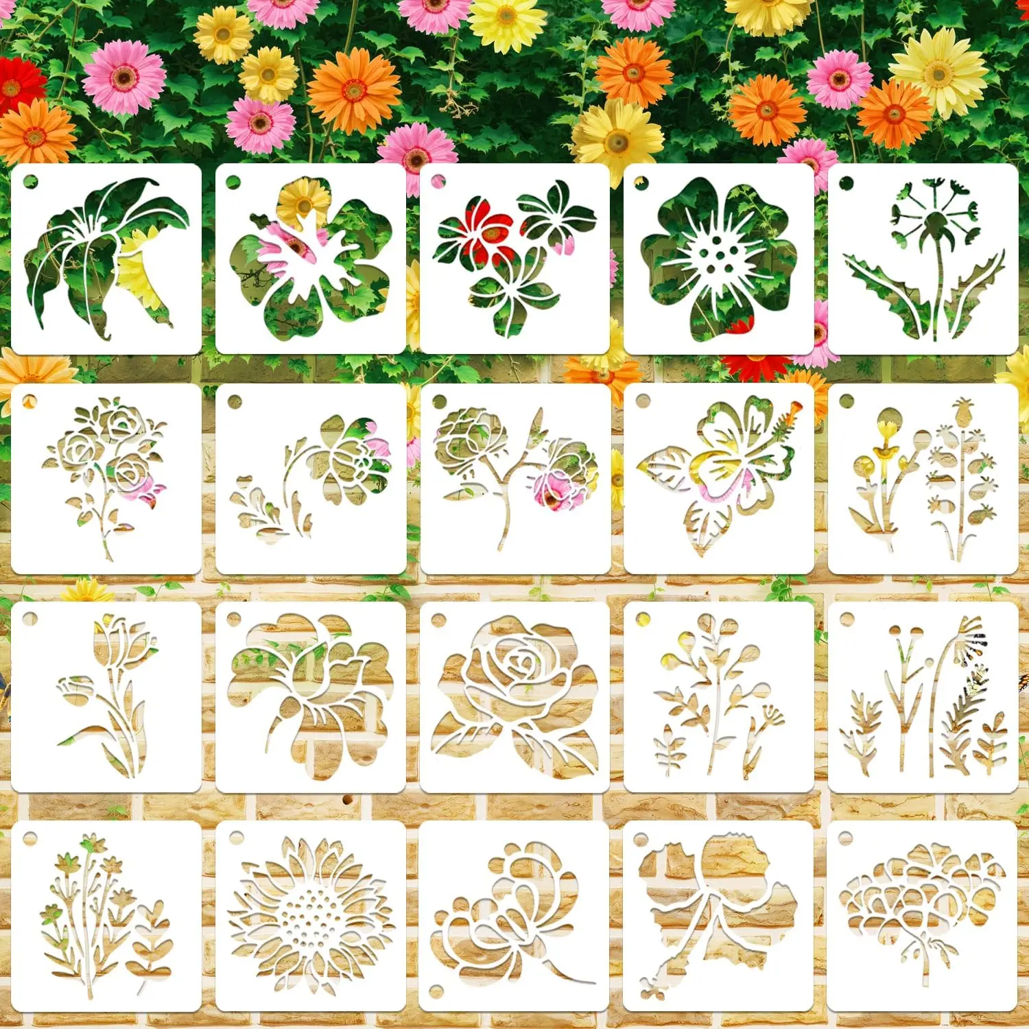 20 PCS 3-in Flower Stencils Set Pack, Reusable Plastic Flower Templates with Sunflower & Rose Designs for Wood Painting, Multiple Uses Home DIY Craft Decoration (Rock, Canvas, Fabric, Tile Applications)