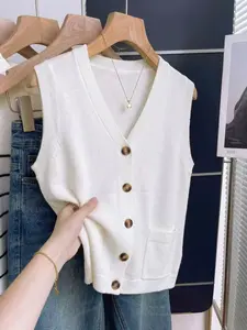 Women's V Neck Knitted Vest, Sleeveless Button Front Sweater with Pockets, Casual Loose Ribbed Knitwear for Layering and Daily Wear Tops