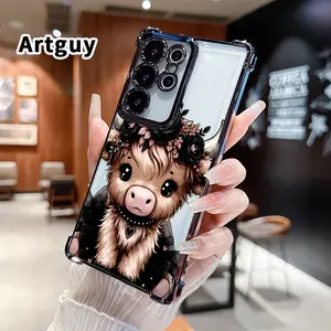 Compatible with Samsung Galaxy S26 Ultra S24 Plus S25 S22+ FE Edge Phone Case Floral Highland Calf Pattern Transparent Full Coverage Four Corners Anti-drop Casing